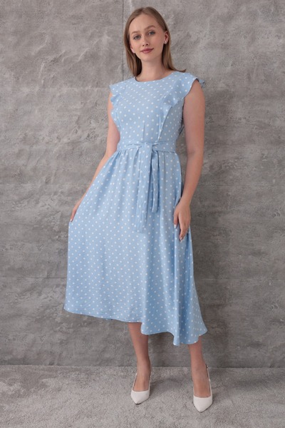 etselements Blue Dream Polka Dot Belted Midi Dress