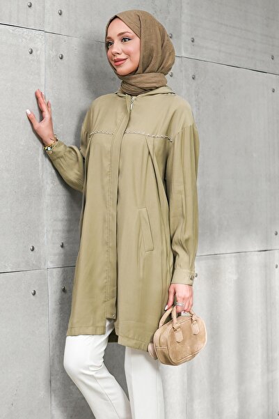 İmajButik Khaki Hooded Tunic with Hidden Zipper