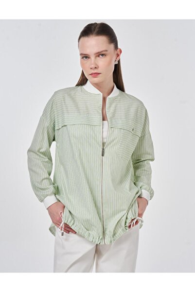 Kayra Kyr Striped Aller Detailed Bomber Collar Zipper Closure Long Sleeve Wom...