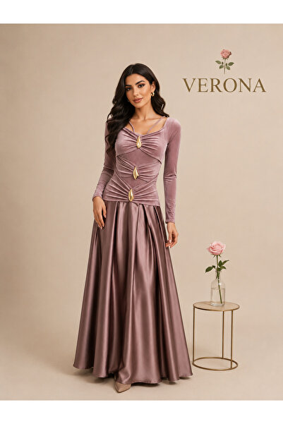 Verona Elegant Gold Detailing Burgundy Long Satin Dress