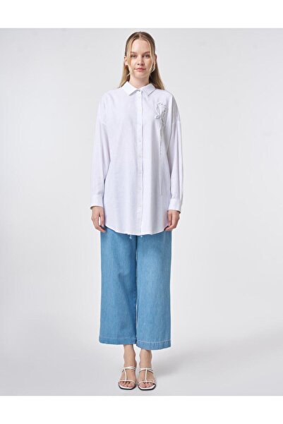 Kayra Women's Shirt Collar Stone Appliqued Cotton Relaxed Fit Long Tunic