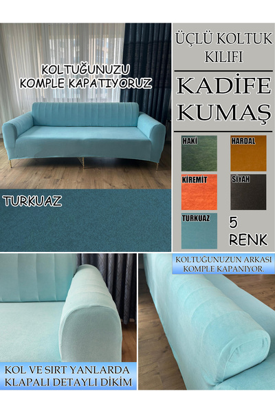 İLYEVTEKSTİLİ Kadife Kumaş 1 Adet Üçlü Koltuk Kılıfı, Komple Kaplama, Kadifen...