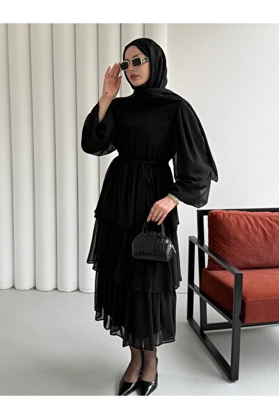Modaensarbutik Bel Lastikli Kuşaklı Kat Katlı Tesettür Elbise-SİYAH