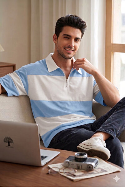 ALİ.COM Unisex Polo Collar Zippered Segmented Polo T-Shirt-Oversize Polo T-Shirt