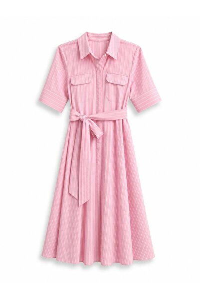 5in1Canpolat Pembe Kuşaklı Çizgili Gömlek Elbise