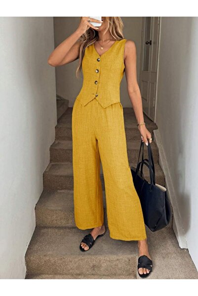 Iuliashop Costum galben Lethia, format din vestă și pantaloni - M