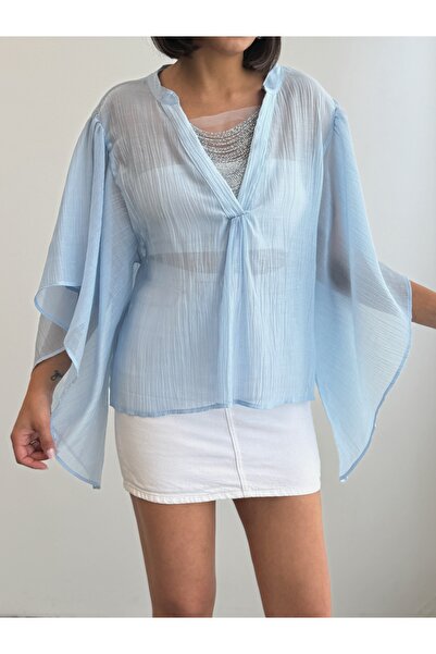 CrepTekstil Crep Women's Beaded Detailed Bat Sleeve V-Neck Loose Chiffon Blou...