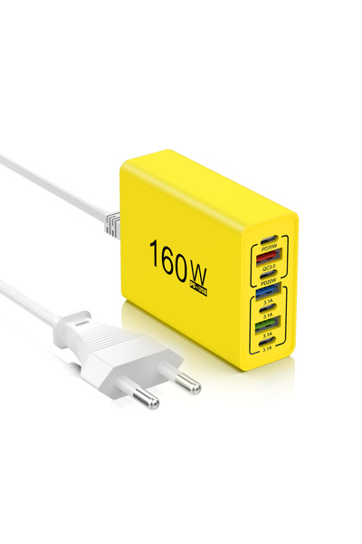 Choice1 Yellow EU 160W 6 Port GaN USB Charger Power Strip Desktop Charging St...