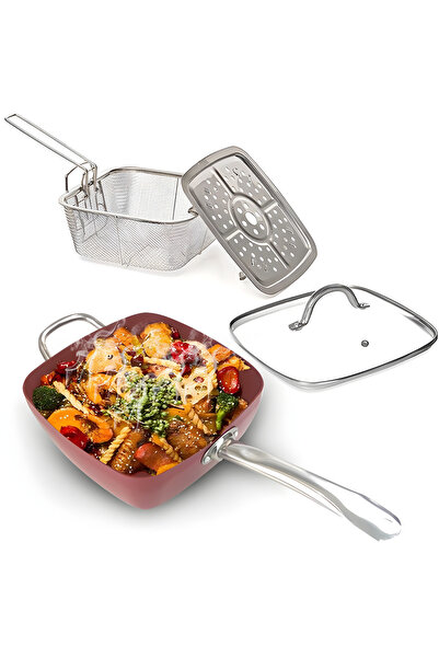 Velaris Square Ceramic Bordo Multifunctional Pan - 4-in-1 Set for Healthy Coo...