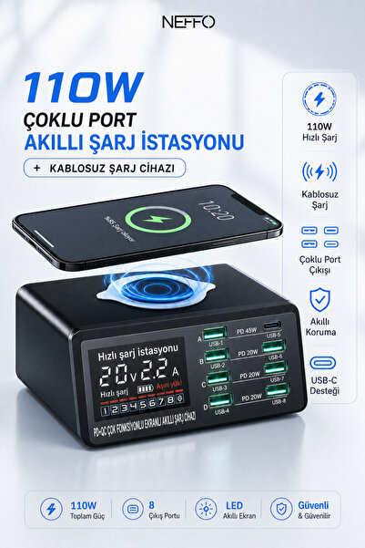 NEFFO 110w Çoklu Bağlantı Noktalı Akıllı Şarj Istasyonu + Kablosuz Şarj Cihaz...