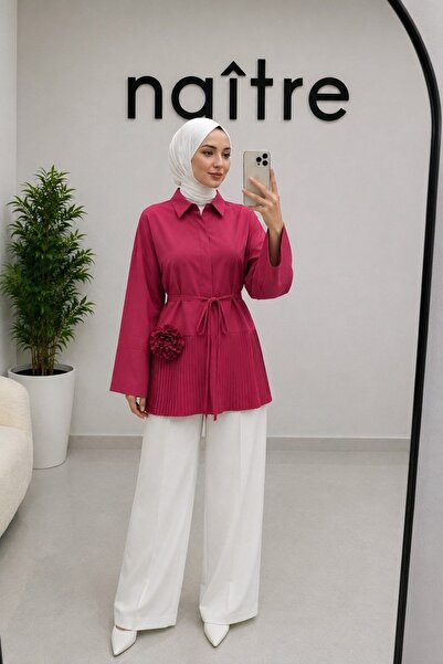 naitre Kadın Pileli Gül Detaylı Bağlamalı Tunik Poplin Gömlek Oversize