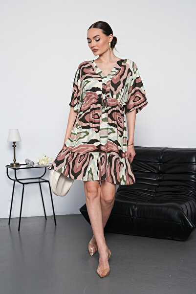 NAVY Bat Sleeve V-Neck Abstract Patterned Mini Dress