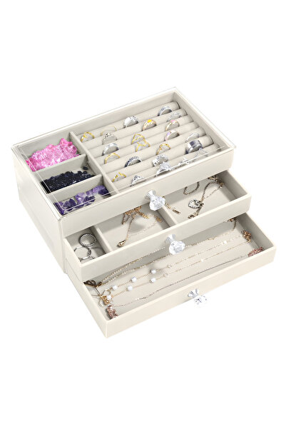 Velaris Cutie pentru bijuterii bej, cu 3 sertare și capac transparent – Organ...