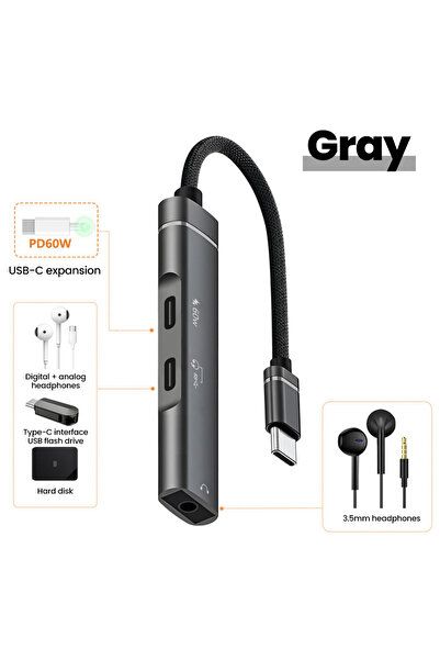 choice2 Gray Type-C 3-in-1 HUB Splitter PD 60W Charging Adapter DAC Hi-Res 3....