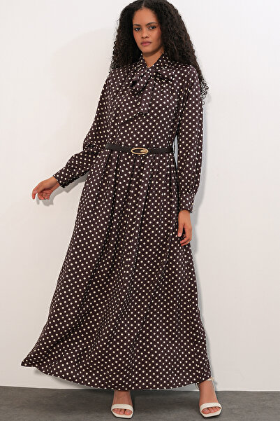 Bigdart Women's Belted Polka Dot Hijab Dress 2613 - Brown