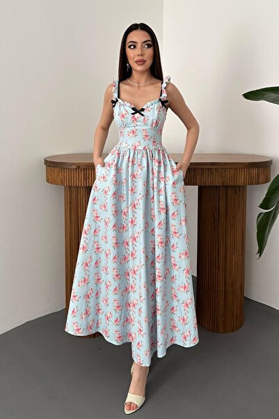 Generic Brand Baby Blue Floral Dress with Bow on the Front