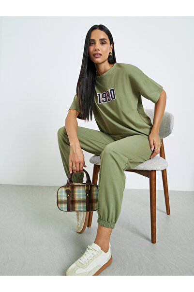 Styli Green Printed Longline T-Shirt and Cuffed Joggers Co-Ords