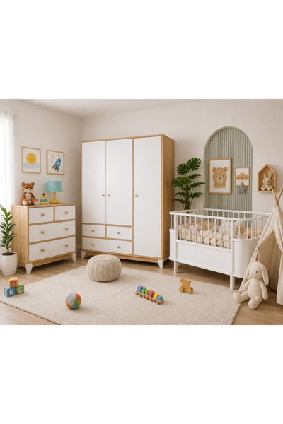 Koza %100 MDF Ahşap Bonnie Beşik Maxi Bebek Odası (3 Kapılı Dolap & 4 Çekmece...