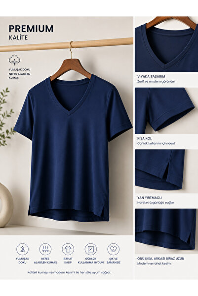 Parkur V-Neck Slit Modal Tshirt Navy Blue