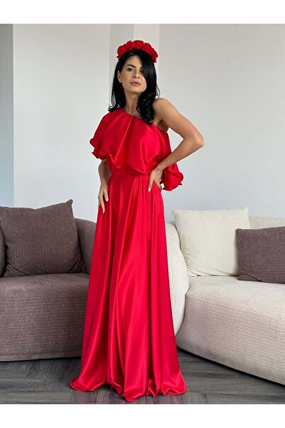 RAMONA BADESCU EXCLUSIVE RB Exclusive Elegant Long Satin Dress with Ruffled a...