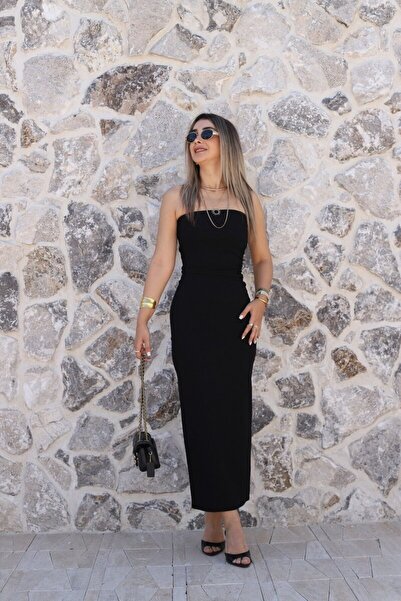 bytugcekaya Black Lycra Strapless Midi Dress