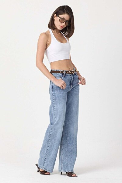 What's Up Whatsup Belted Low Waist Wide Leg Jean Pants - Blue-Blue - 28