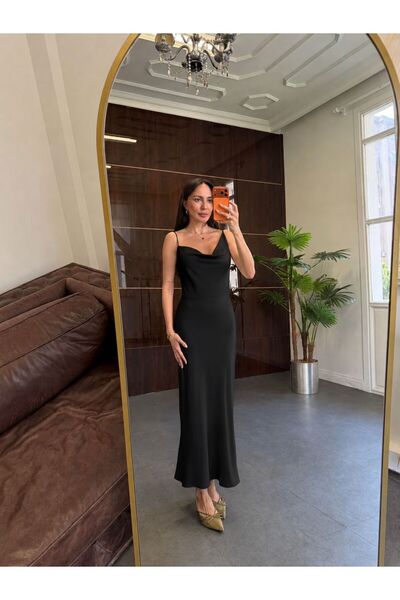 Selin Damla Kadın Siyah Degaje Yaka İp Askılı Viskon Saten Midi Elbise