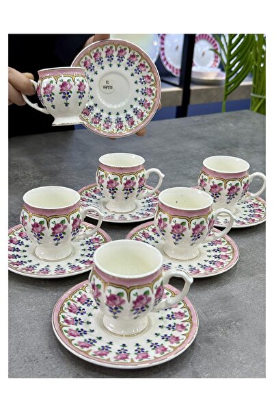 Doğudeko Hand Painted Cassiopia 6-Piece Porcelain Cup Set Pink