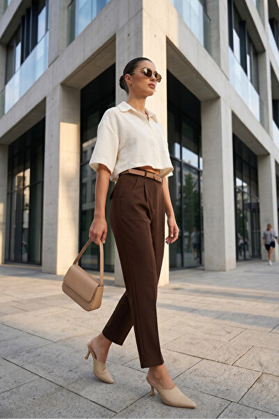 macharel jeans Belted Trousers with Pencil Pockets and Back Pocket Detail
