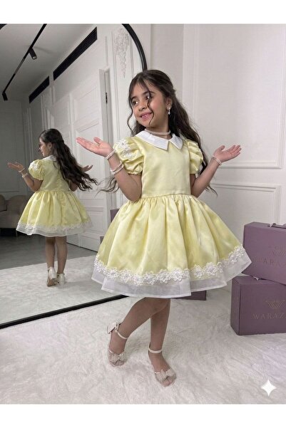 Pyramid masterpieces Girls' Short-Sleeved Dress with White Lace Collar