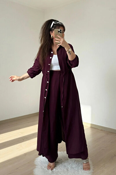 AZRA BUTİK Waist-Tied Tunic Set Burgundy