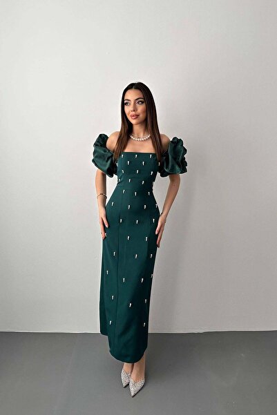 Caddebostan Moda Pearl Embellished Balloon Sleeve Square Neck Midi Length Eve...