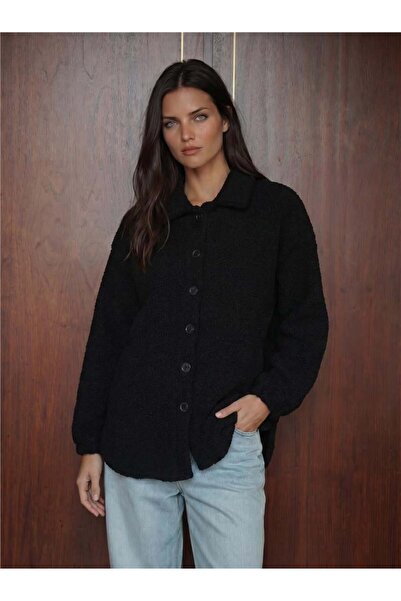 WeShaya Black Wool Blend Bouclé Textured Off-Shoulder Single Button Oversize ...