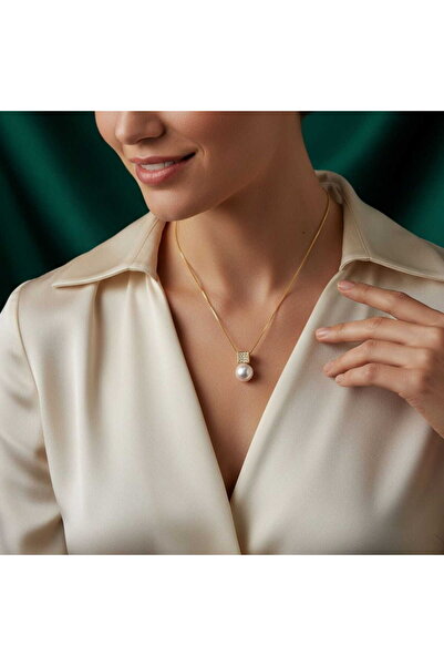 toptanhanem Minimalist Pearl Design Gold Steel Necklace with Micro Zircon Sto...