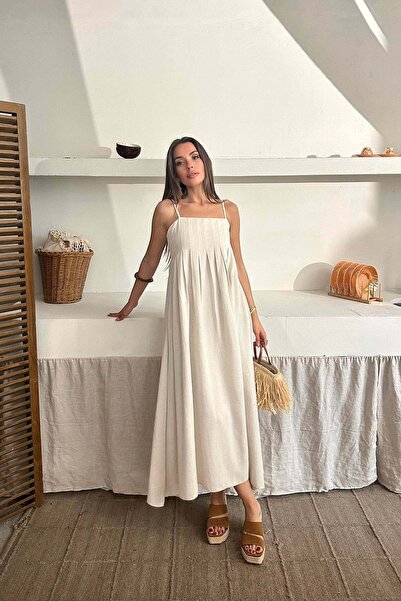 Caddebostan Moda Women's Thin Strap Pleated Linen Dress Summer Maxi Length Re...