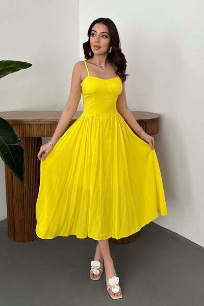 Caddebostan Moda Women's Strappy Bustier Dress with Gathered Waist and Long F...