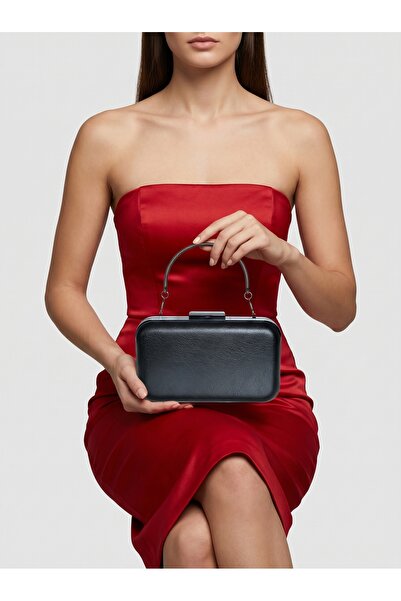 Biçanta Black Wrinkled Matte Leather Women's Evening Dress Bag with Black Han...