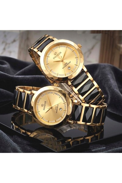 SMAKER Luxury Couple Watch Set - Matching His and Hers Quartz Watches with Di...