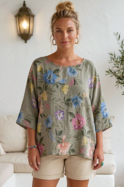Chiccy Italian Mink Pool Collar Short Sleeve Floral Printed Casual Linen Look...