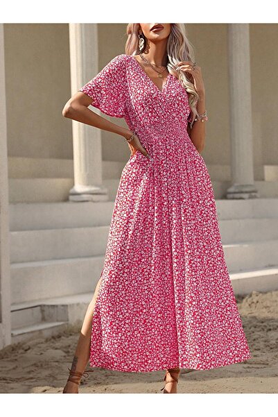 Iuliashop Long Dress Dinna Pink with White Floral Print - M