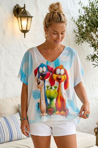 Chiccy Italian Blue-White-Mint V-Neck Low Sleeve Slim Digital Printed Casual ...