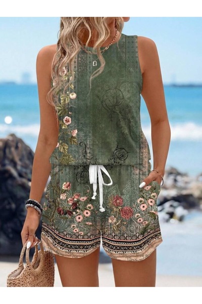 Iuliashop Adela Floral Kaki Shorts Set - M