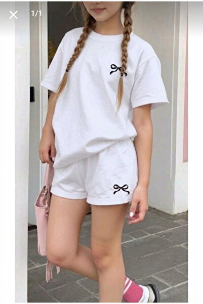 Kids Summer Tiny Black Ribbon Printed Girls' Two-Piece Shorts T-Shirt Set