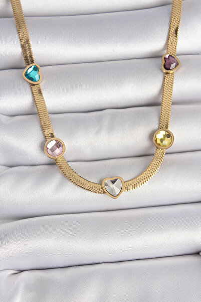 ETC 316L Steel Gold Color Italian Chain Colorful Zircon Stone Heart Figure Wo...
