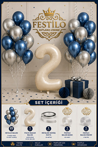 FESTİLO Metallic Blue Silver Birthday Concept 20 Balloons Cream Foil Number B...