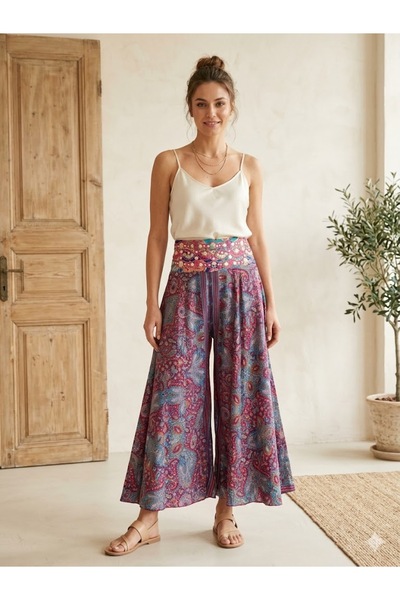 AYASOFYA OTANTIK Fusta pantalon din mătase cu model etnic autentic, cu talie ...