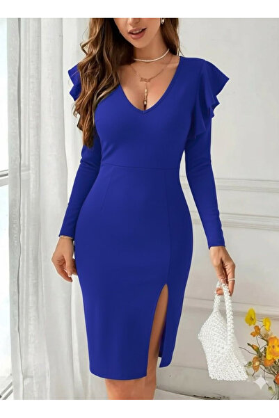 Efnaz style Women's Long Sleeve V-Neck Side Slit Midi Imported Crepe Dress - ...
