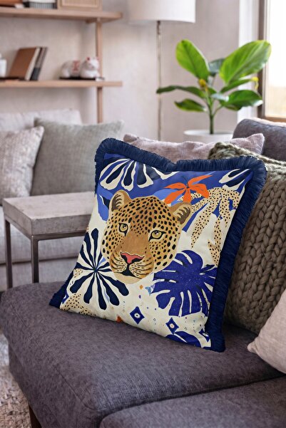 IdeCraft Leopard Motif Tropical Leaf Fringed Throw Pillow Cover - Navy Blue T...