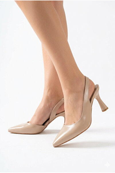 Lidora Women's Beige Leather Elastic Open-Back Heeled Shoes Ayk2134