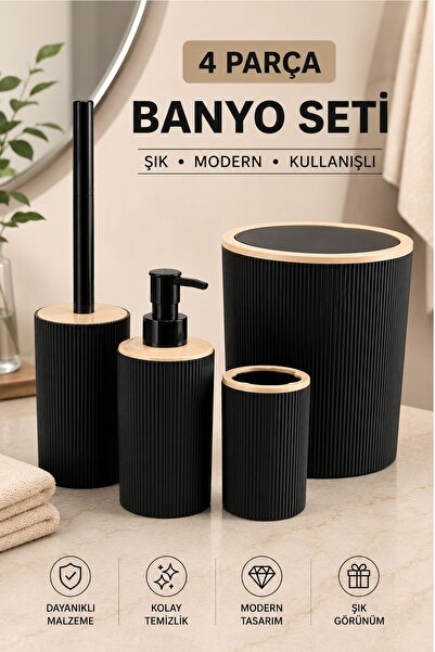 Kitchen Beauty 4 Parça Banyo Seti - Çöp Kovası WC Fırçası Diş Fırçası Sıvı Sa...